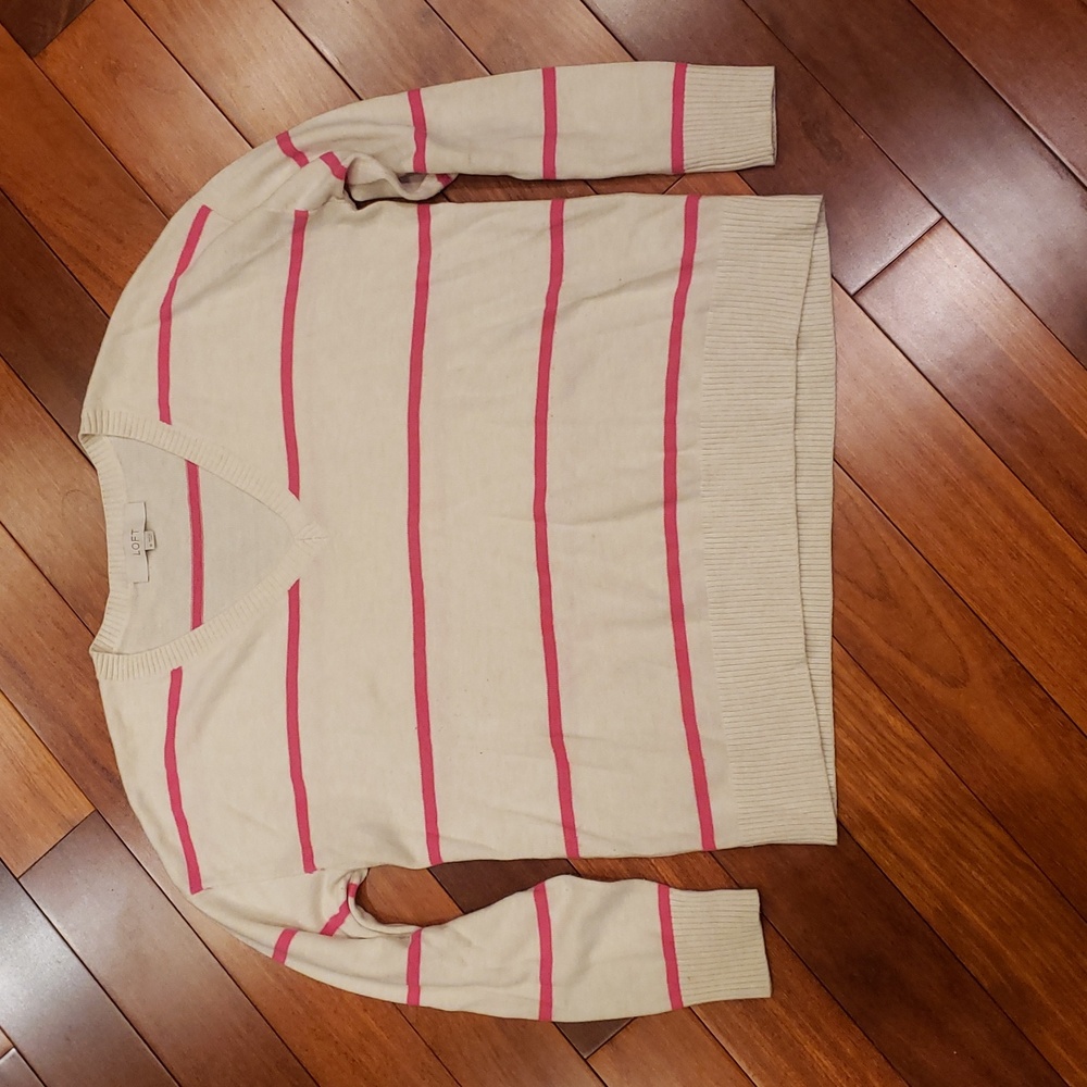 LOFT Cream with Pink stripe sweater.  Cropped style, V neck. Women's Medium